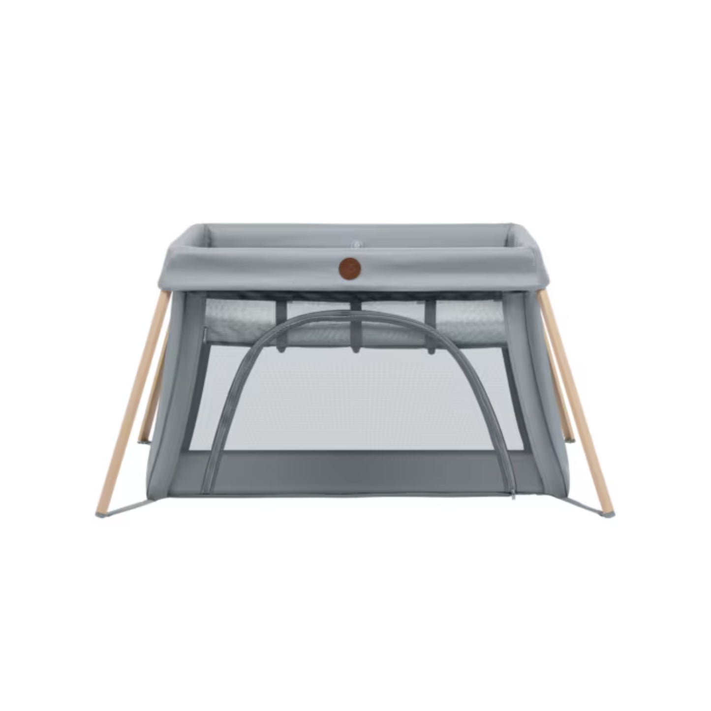 Corral gris MAXI COSI con malla y estructura de madera, vista frontal