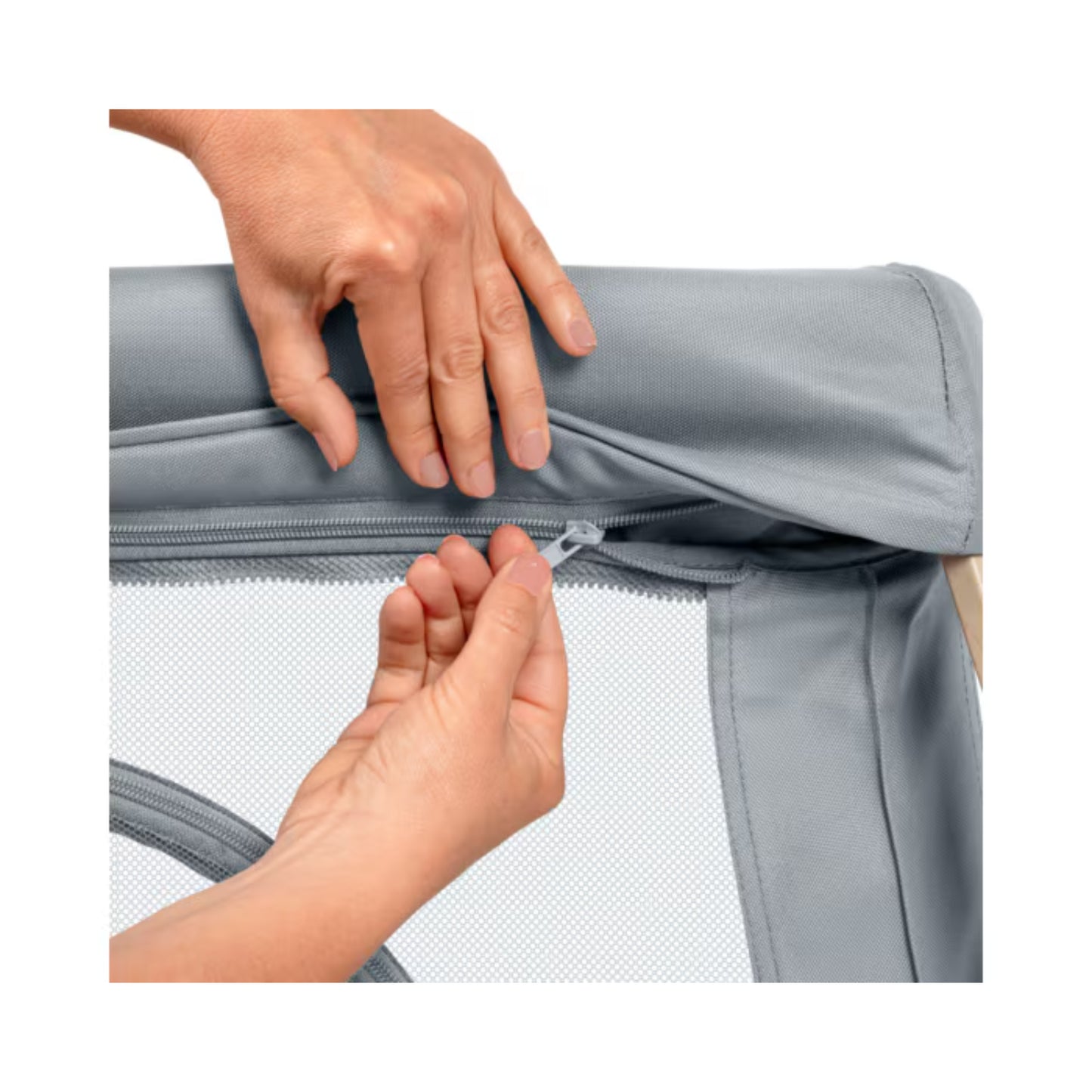 Corral gris MAXI COSI, detalle del cierre, fácil de usar y seguro