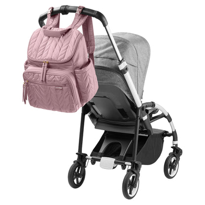 Panalera rosa con mochila en carrito de bebé, diseño práctico y elegante
