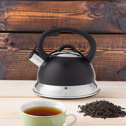 Mr. Coffee Flintshire - Hervidor de té silbante de acero inoxidable de 1.75 cuartos de galón con mango de nailon, hervidor de cocina negro mate