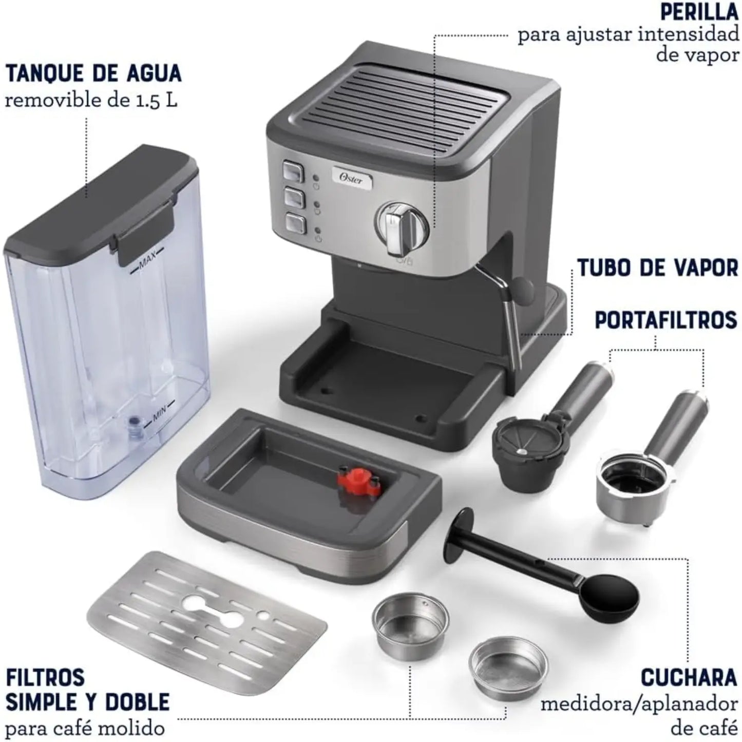 Cafetera Espresso Oster® Compacta en Acero Inoxidable | BVSTEM5502