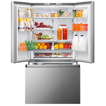 Refrigeradora Hisense plateada, vista frontal con alimentos frescos y bebidas