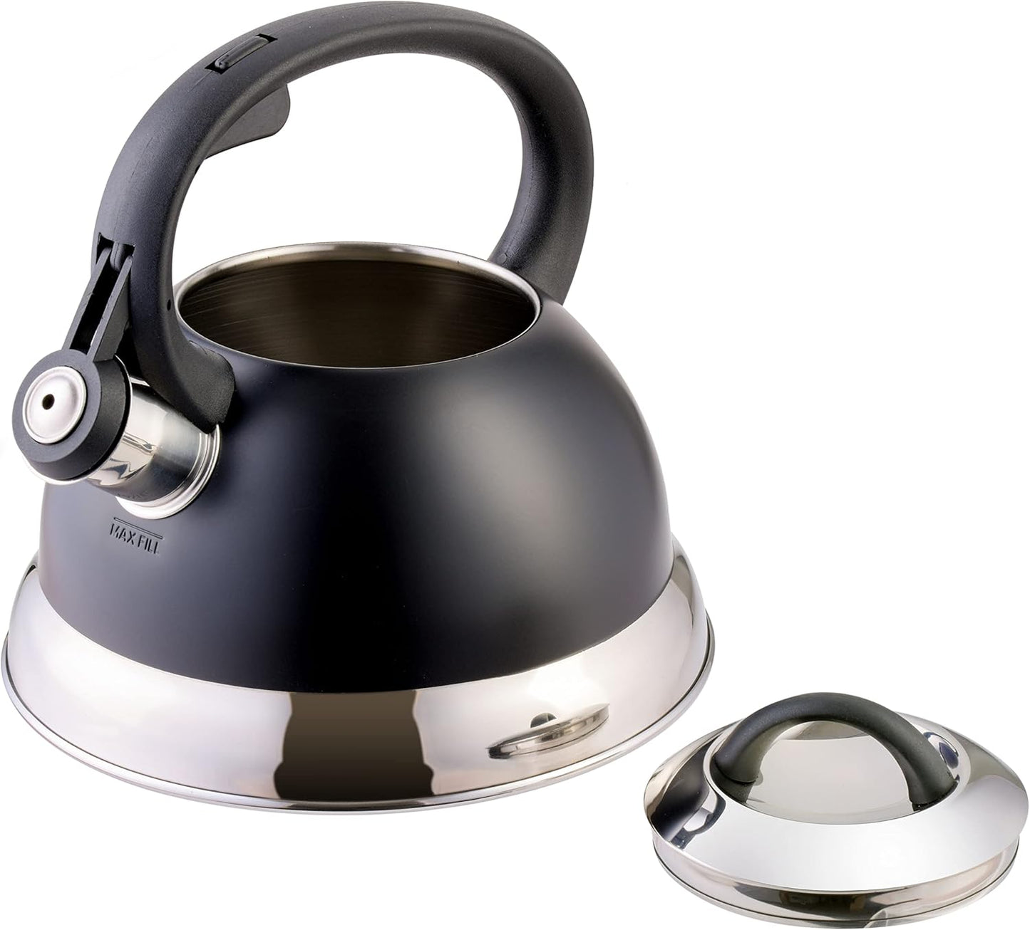 Mr. Coffee Flintshire - Hervidor de té silbante de acero inoxidable de 1.75 cuartos de galón con mango de nailon, hervidor de cocina negro mate