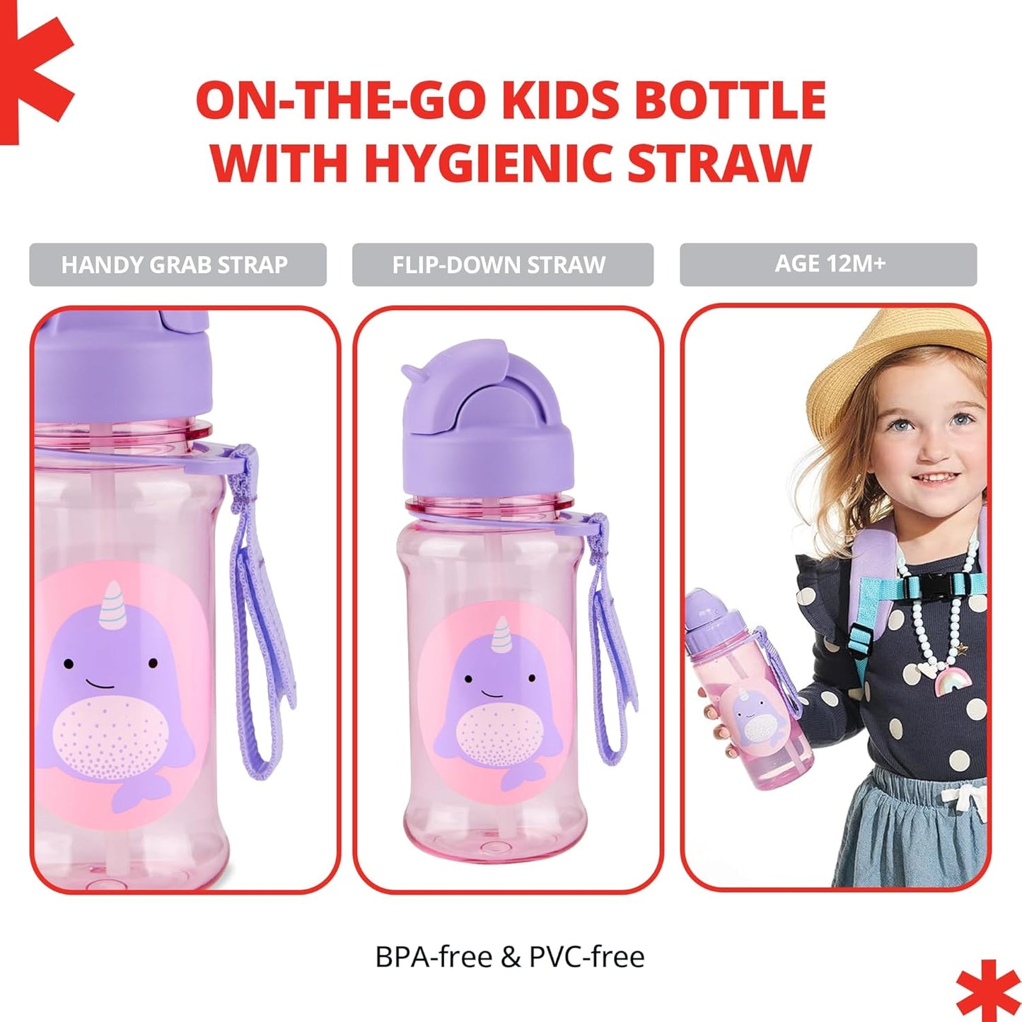 Botella de Agua Skip Hop Zoo 9Q776810 - Vaso de Tritan con Pajilla y Correa Diseño Narwhal