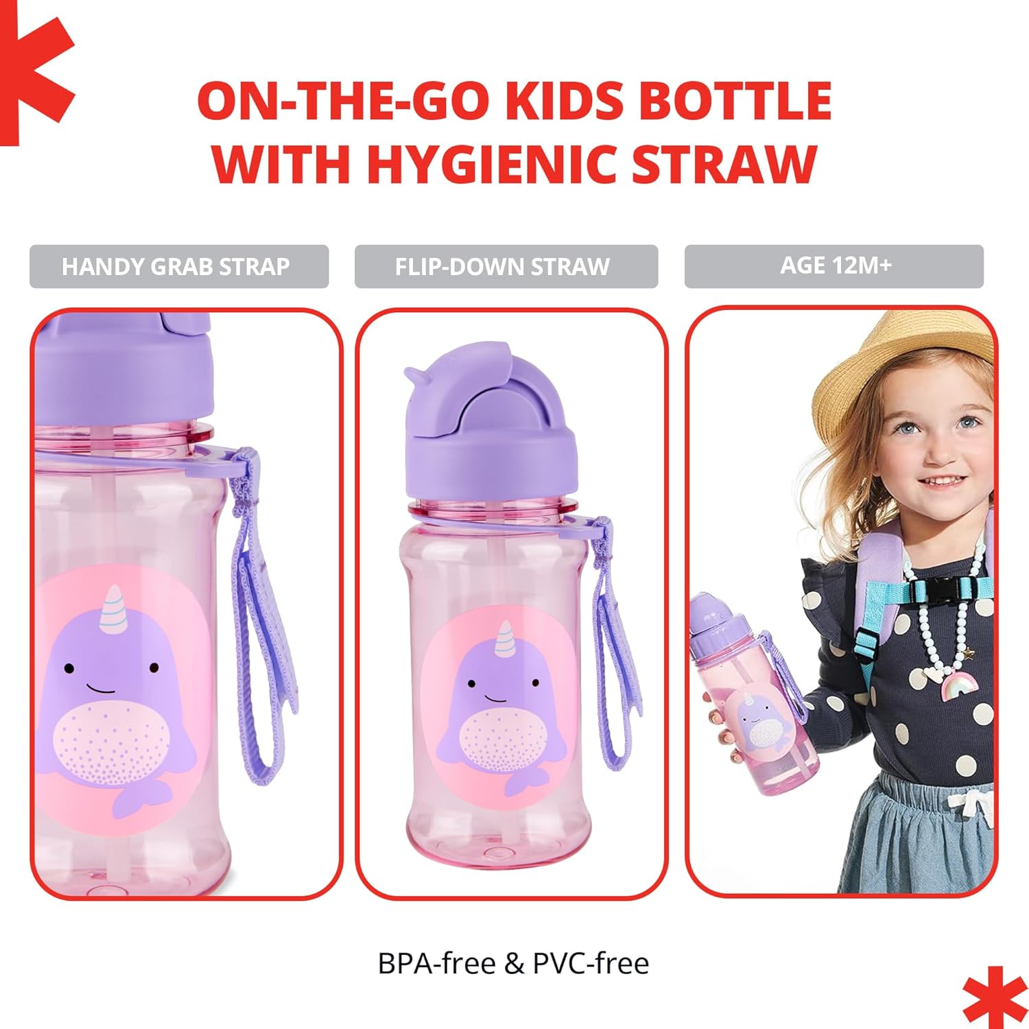 Botella de Agua Skip Hop Zoo 9Q776810 - Vaso de Tritan con Pajilla y Correa Diseño Narwhal