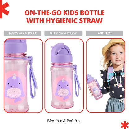 Botella de Agua Skip Hop Zoo 9Q776810 - Vaso de Tritan con Pajilla y Correa Diseño Narwhal