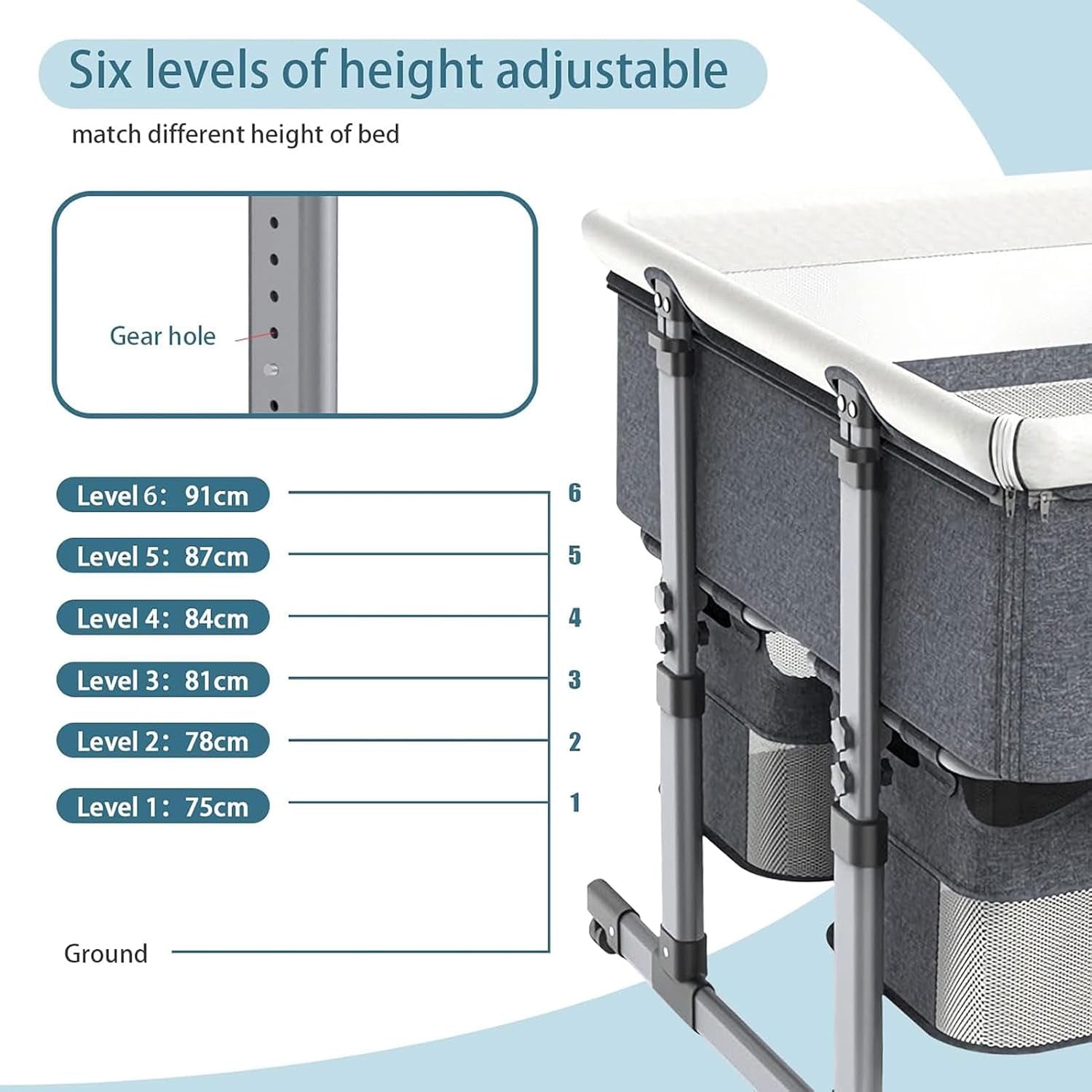 Cuna gris ajustable en seis niveles de altura, ideal para diversas camas.