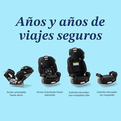 silla de auto GRACO negra, vista lateral y frontal, años de viajes seguros