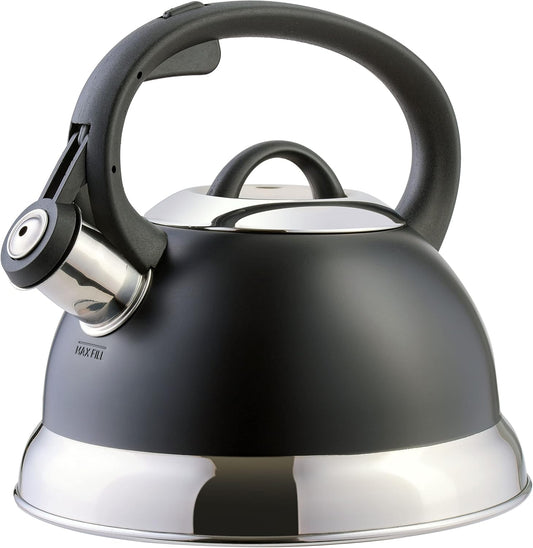 Mr. Coffee Flintshire - Hervidor de té silbante de acero inoxidable de 1.75 cuartos de galón con mango de nailon, hervidor de cocina negro mate