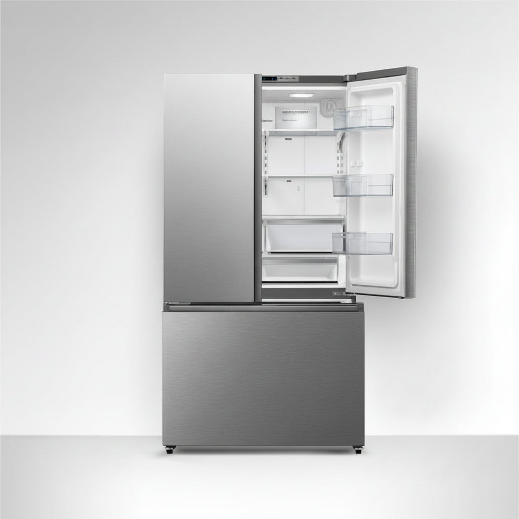 refrigeradora gris HISENSE frente abierta, interior con estantes y espacio para alimentos