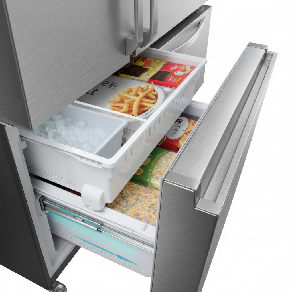 refrigeradora HISENSE acero inoxidable, vista del cajón con alimentos y hielo