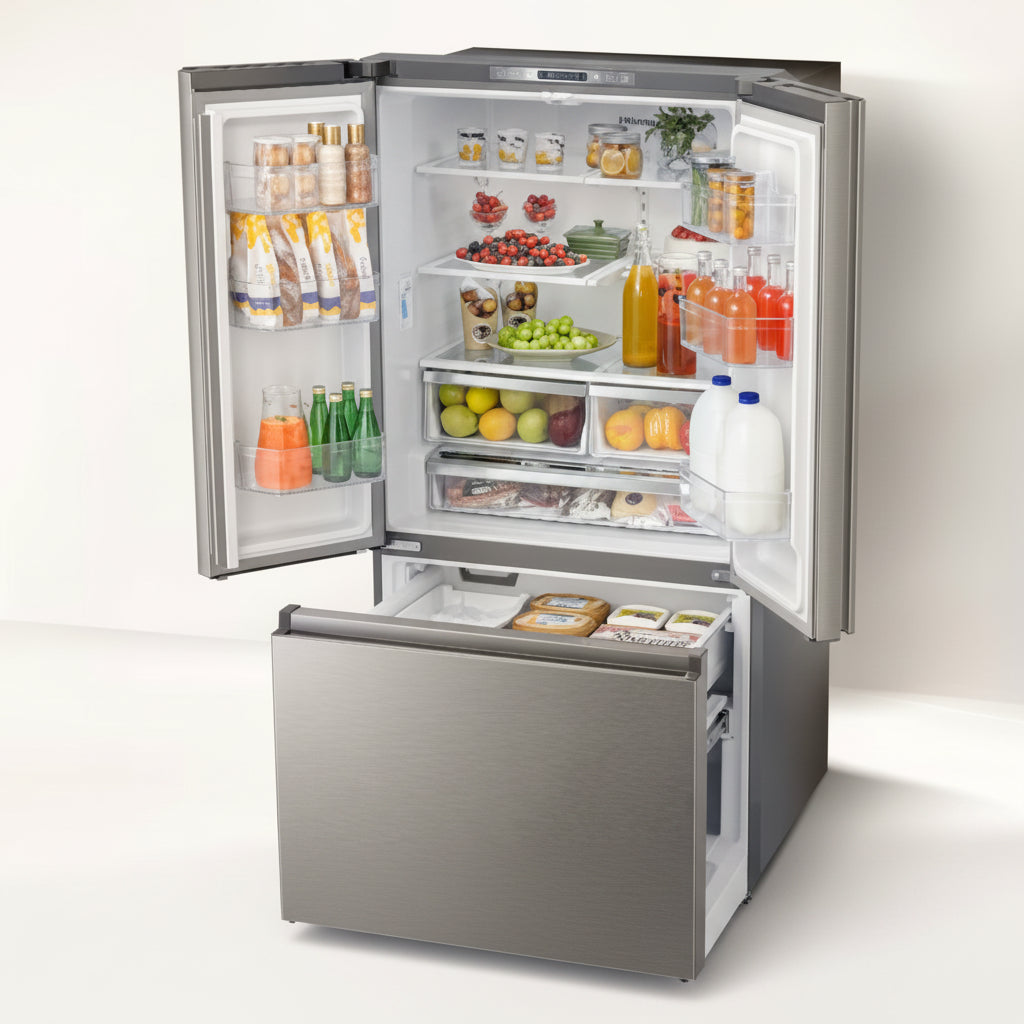 refrigeradora plateada con puertas dobles y alimentos organizados en estantes