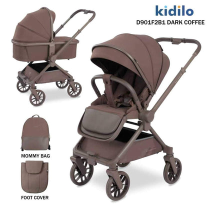 Coche KIDILO marrón oscuro con capazo y cobertura para pies, vista frontal y lateral