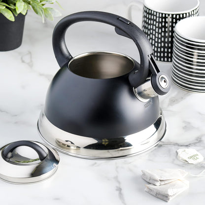 Mr. Coffee Flintshire - Hervidor de té silbante de acero inoxidable de 1.75 cuartos de galón con mango de nailon, hervidor de cocina negro mate