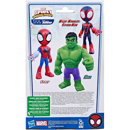 Figura Hulk verde, parte trasera con Spidey y Miles Morales, juguete Hasbro