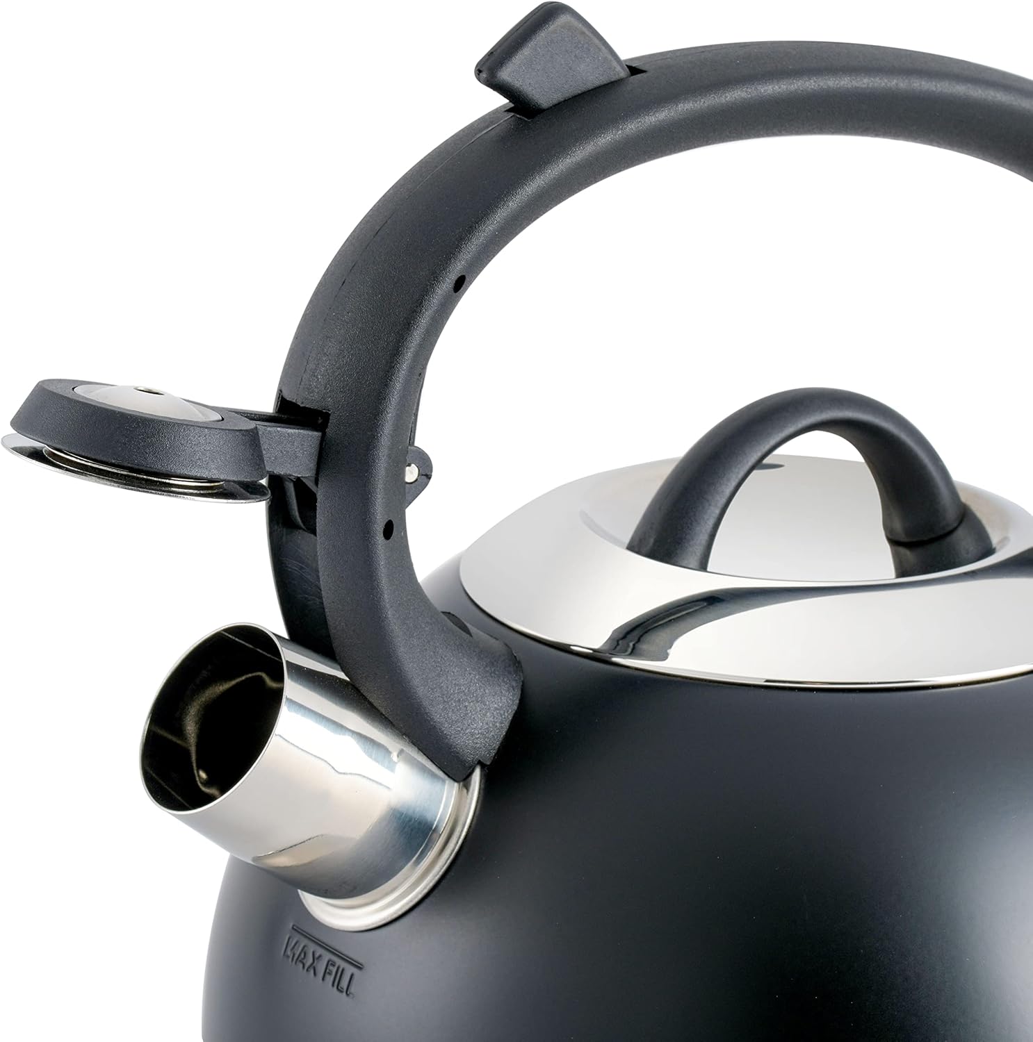 Mr. Coffee Flintshire - Hervidor de té silbante de acero inoxidable de 1.75 cuartos de galón con mango de nailon, hervidor de cocina negro mate