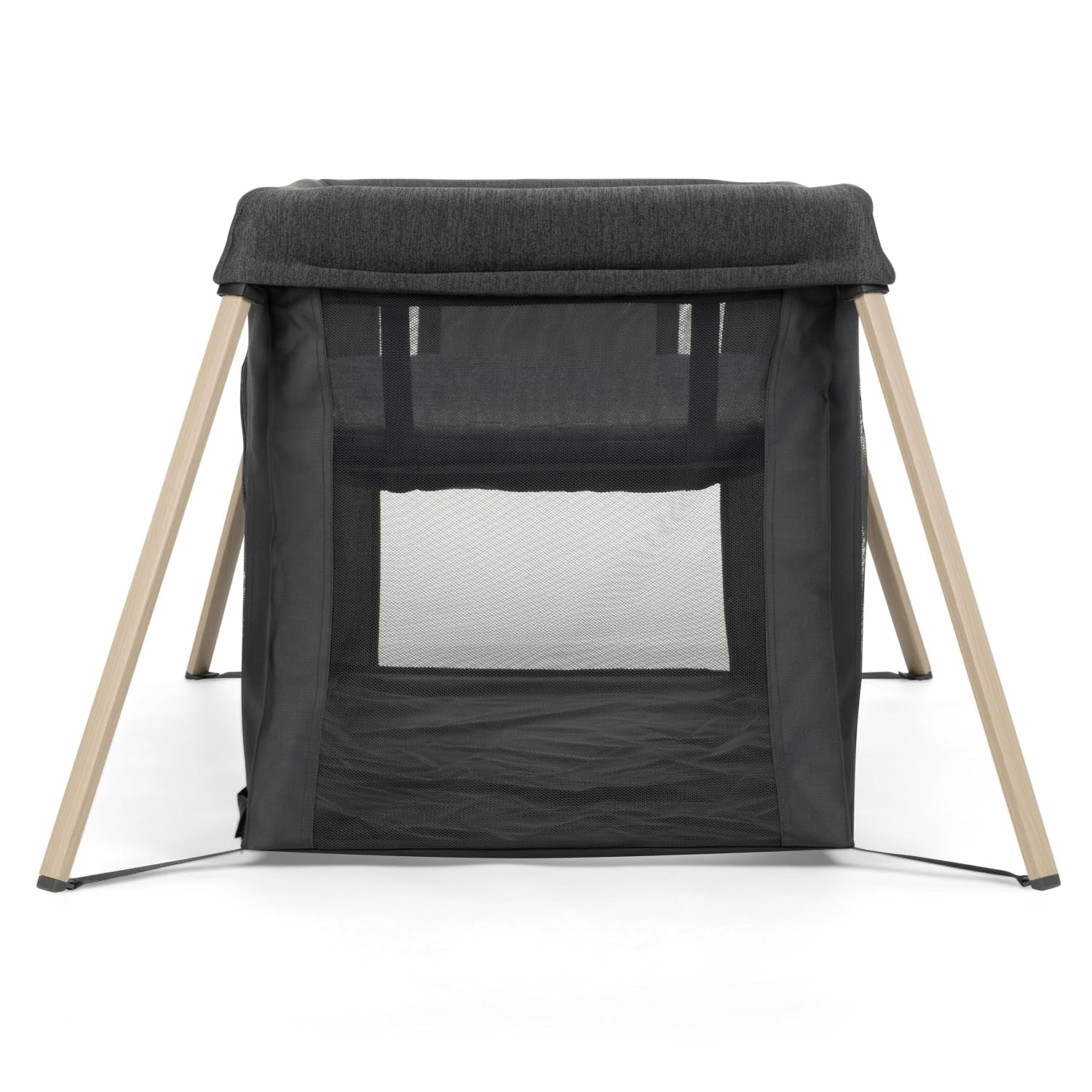 Corral negro MAXI COSI con vista frontal y estructura de soporte en madera