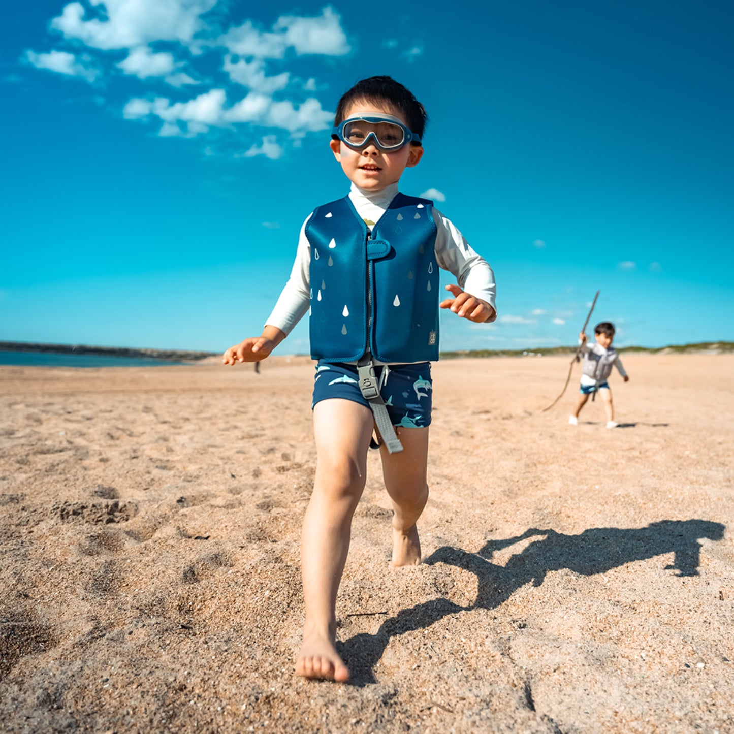Chaleco azul para niños, playa, ropa de verano, divertido y seguro