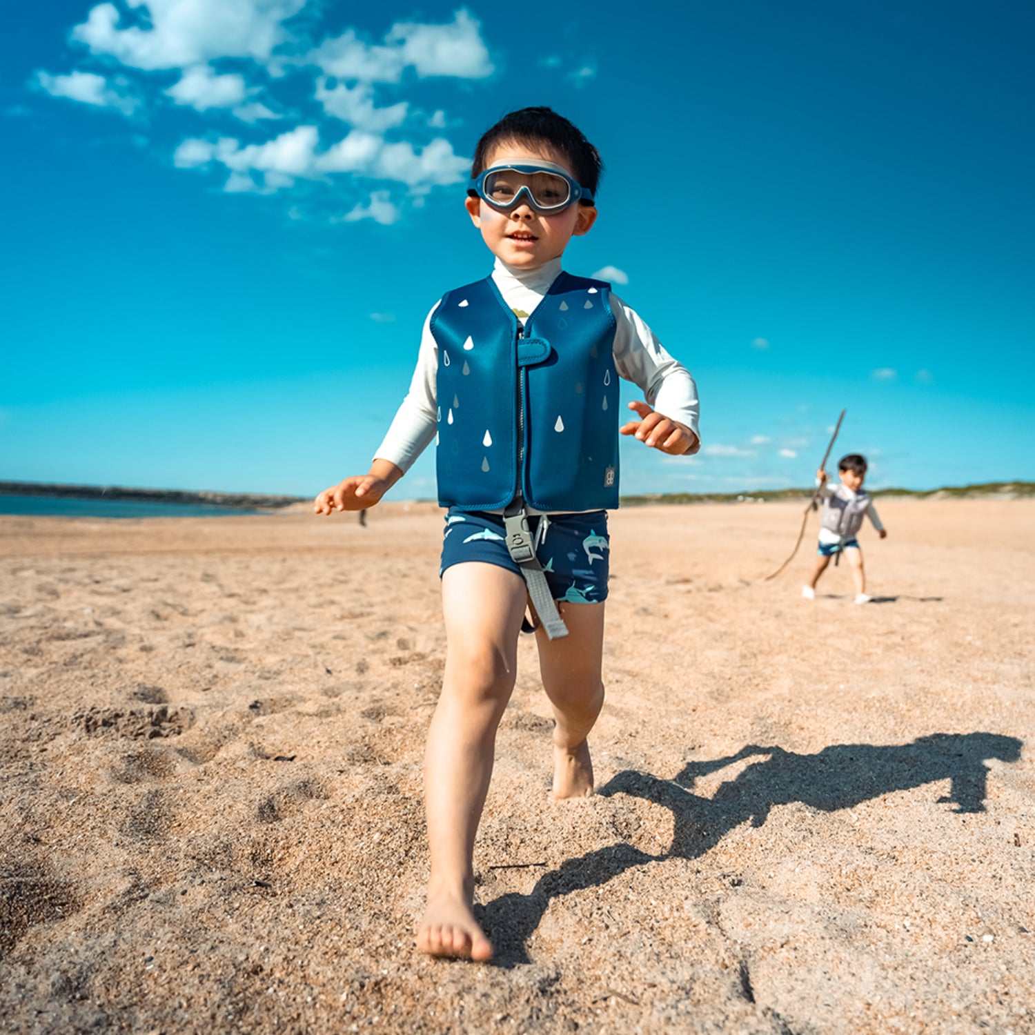 Chaleco azul para niños, playa, ropa de verano, divertido y seguro