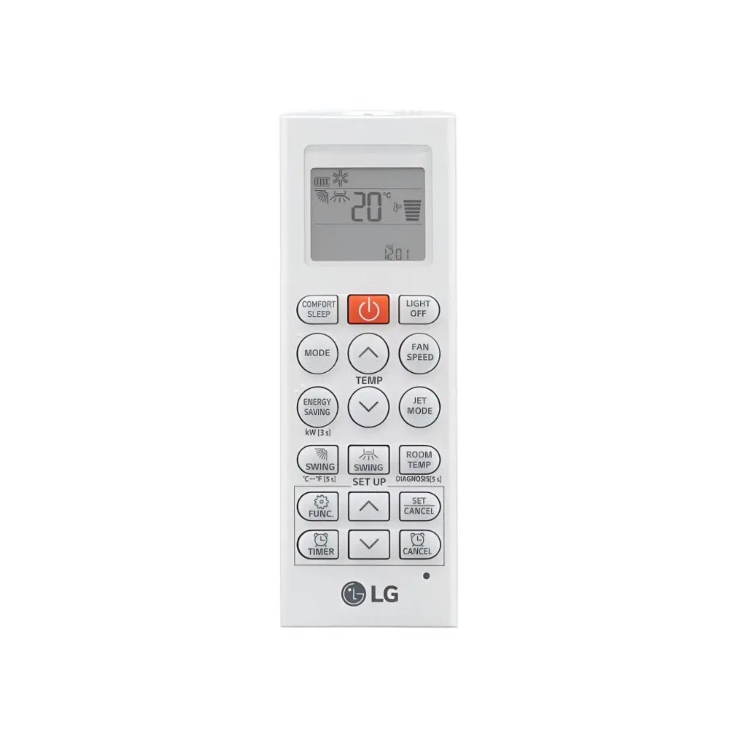 Control remoto blanco para aire acondicionado, vista frontal, fácil manejo y ajustes.