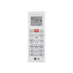 Control remoto blanco para aire acondicionado, vista frontal, fácil manejo y ajustes.
