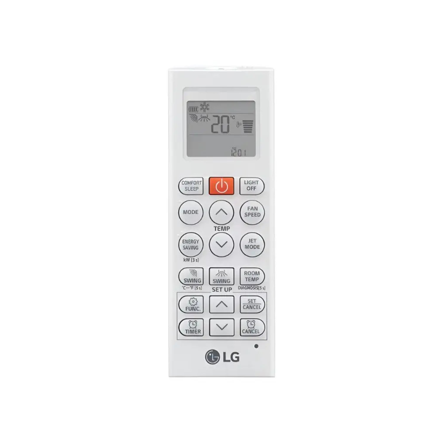 Control remoto blanco para aire acondicionado, vista frontal, fácil manejo y ajustes.