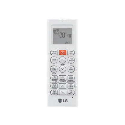 Control remoto blanco para aire acondicionado, vista frontal, fácil manejo y ajustes.
