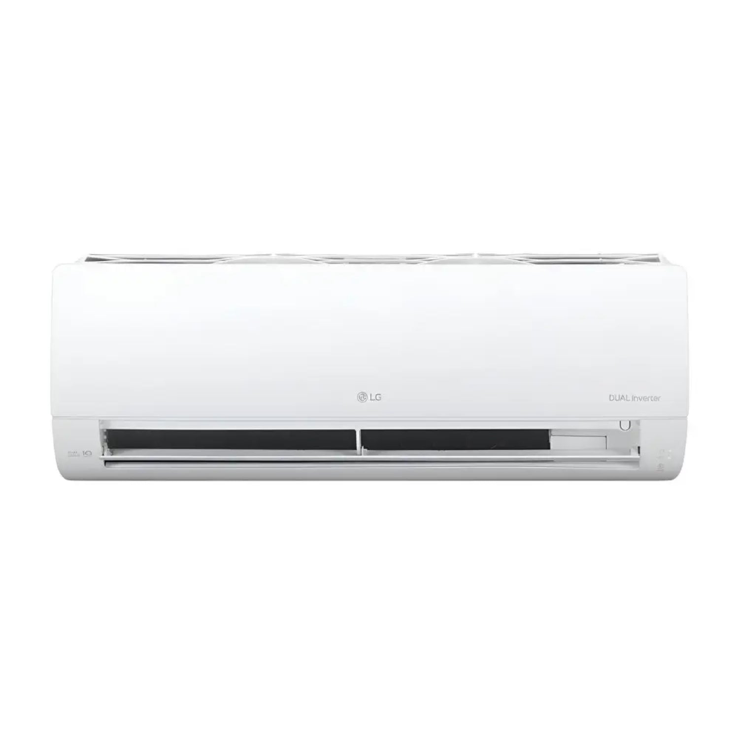 Aire acondicionado blanco frontal, unidad de enfriamiento eficiente.
