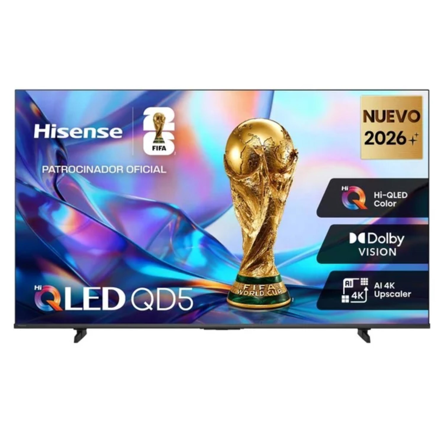 Televisor smart Hisense QLED 4K, vista frontal con trofeo de la FIFA
