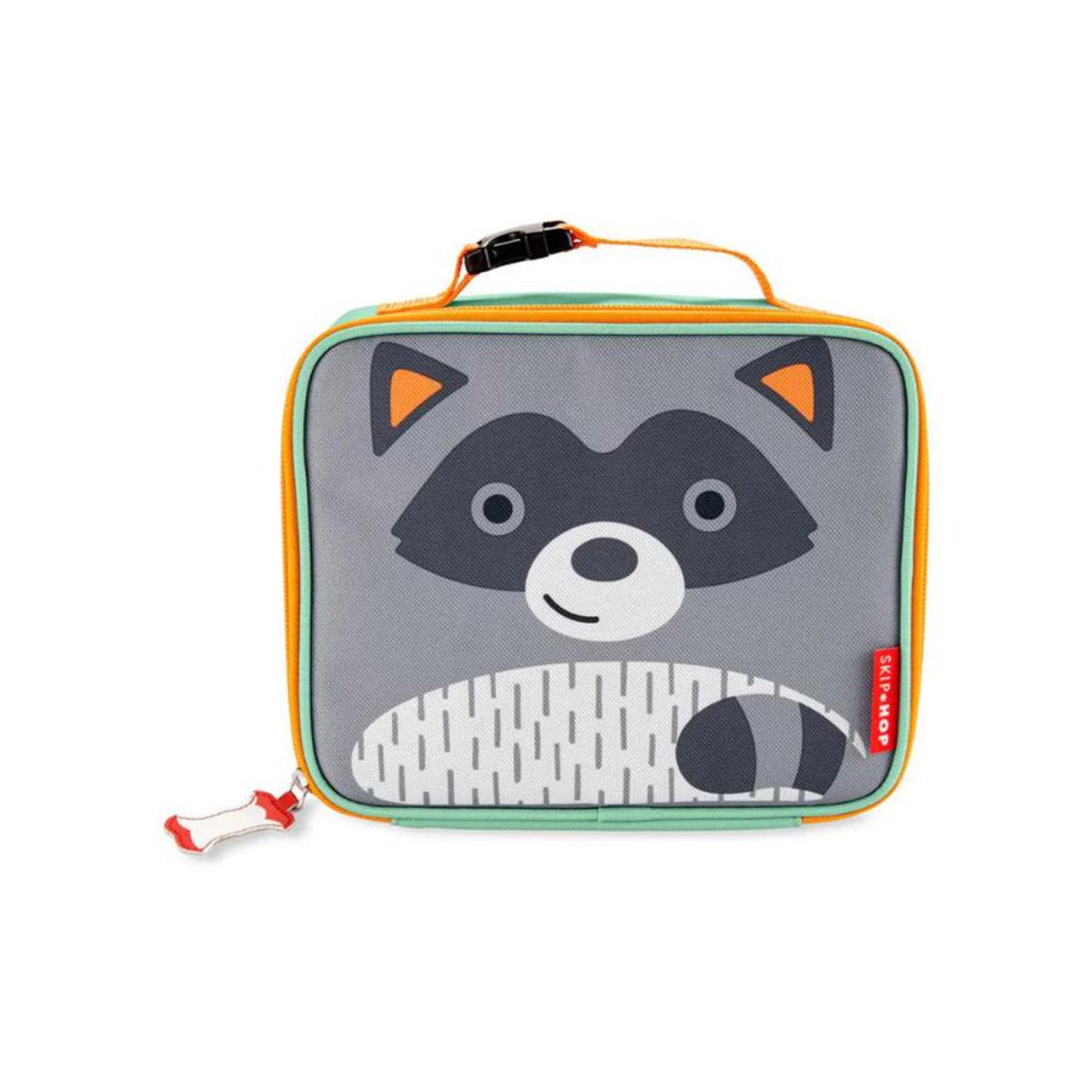 Lonchera infantil gris con diseño de mapache, vista frontal y ideal para niños