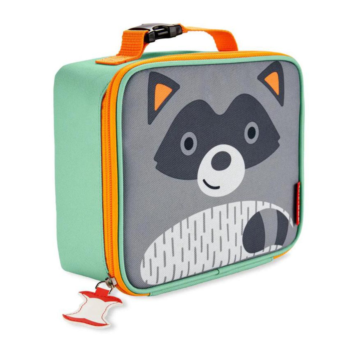 Lonchera infantil verde con un mapache sonriente en la parte frontal
