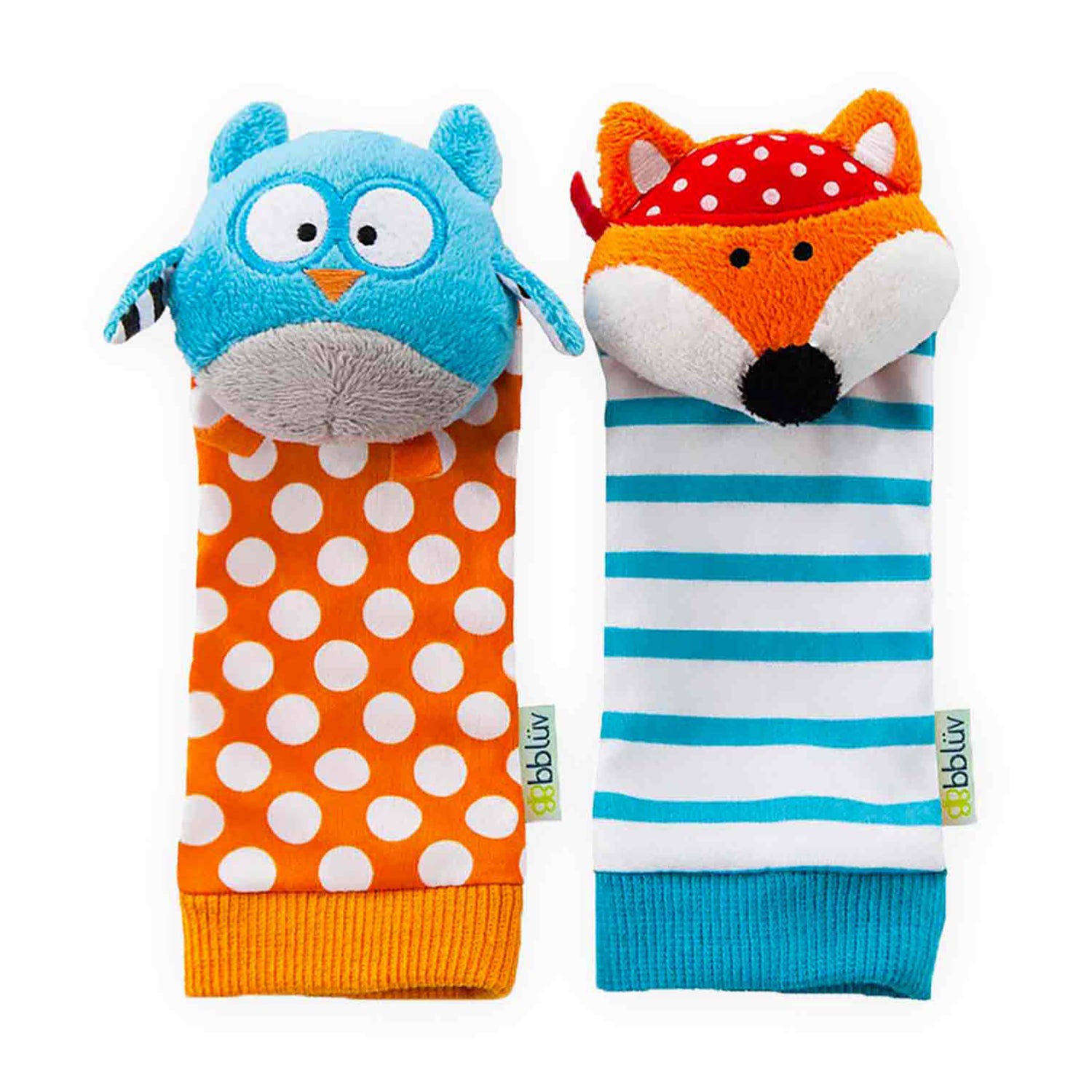 Juguete de mano en colores naranja y azul, con búho y zorro, ideal para jugar y estimular la imaginación