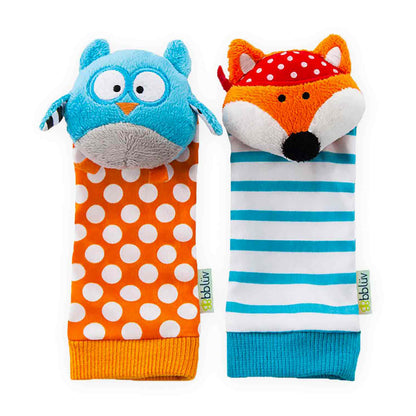 Juguete de mano en colores naranja y azul, con búho y zorro, ideal para jugar y estimular la imaginación