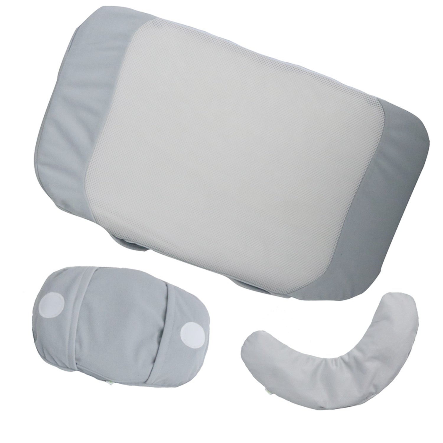 Almohadas grises para bebés, diferentes formas y modelos, uso en la cuna