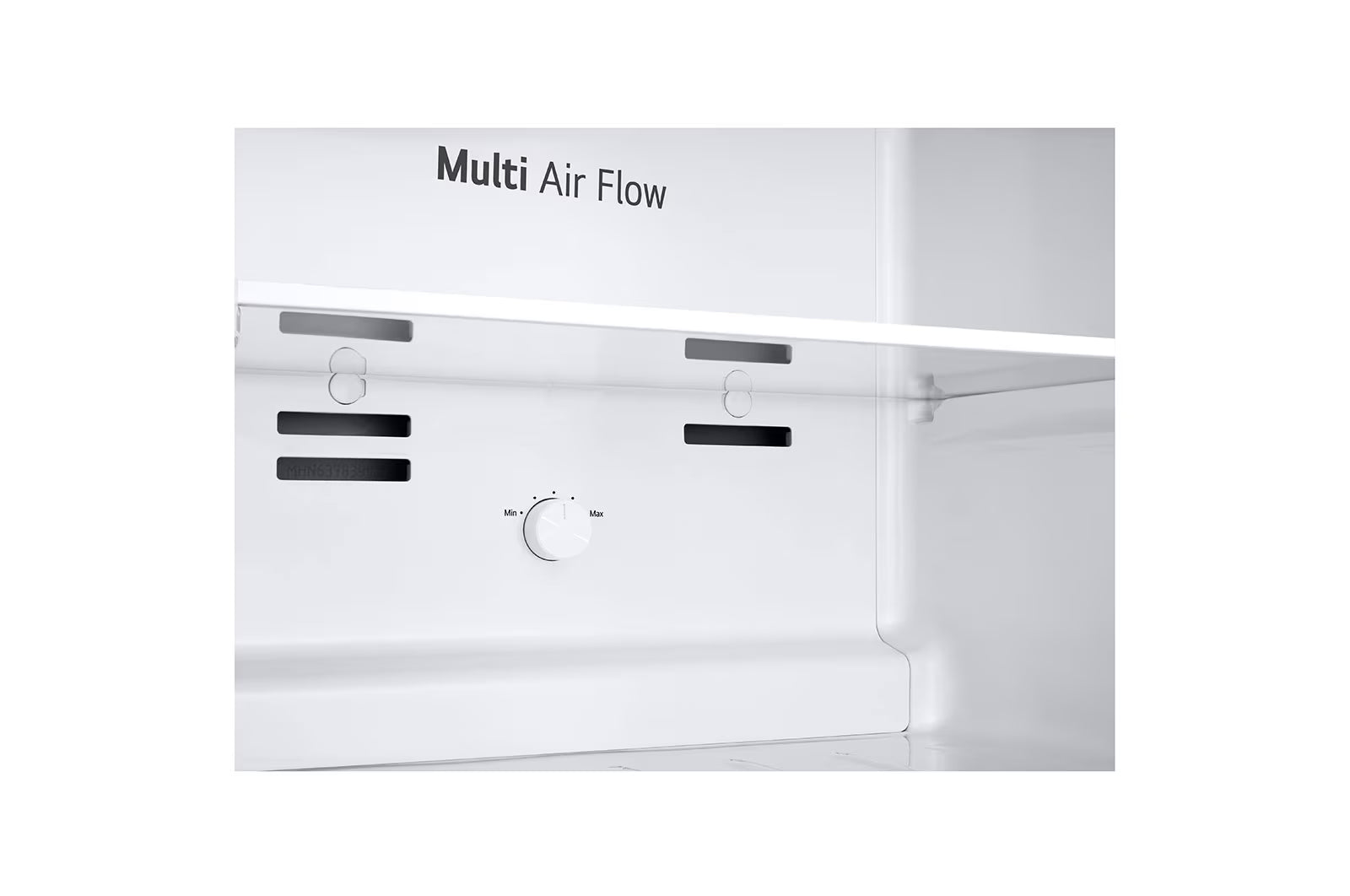 Interior de la refrigeradora LG 7 pies top mount mostrando sistema de flujo de aire multi funcional