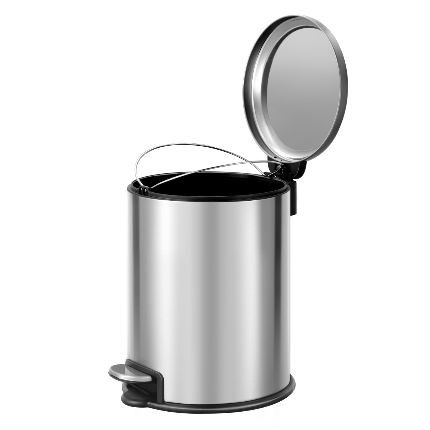 Basurero de pedal acero inoxidable EKO modelo LL02 con tapa abierta y diseño compacto