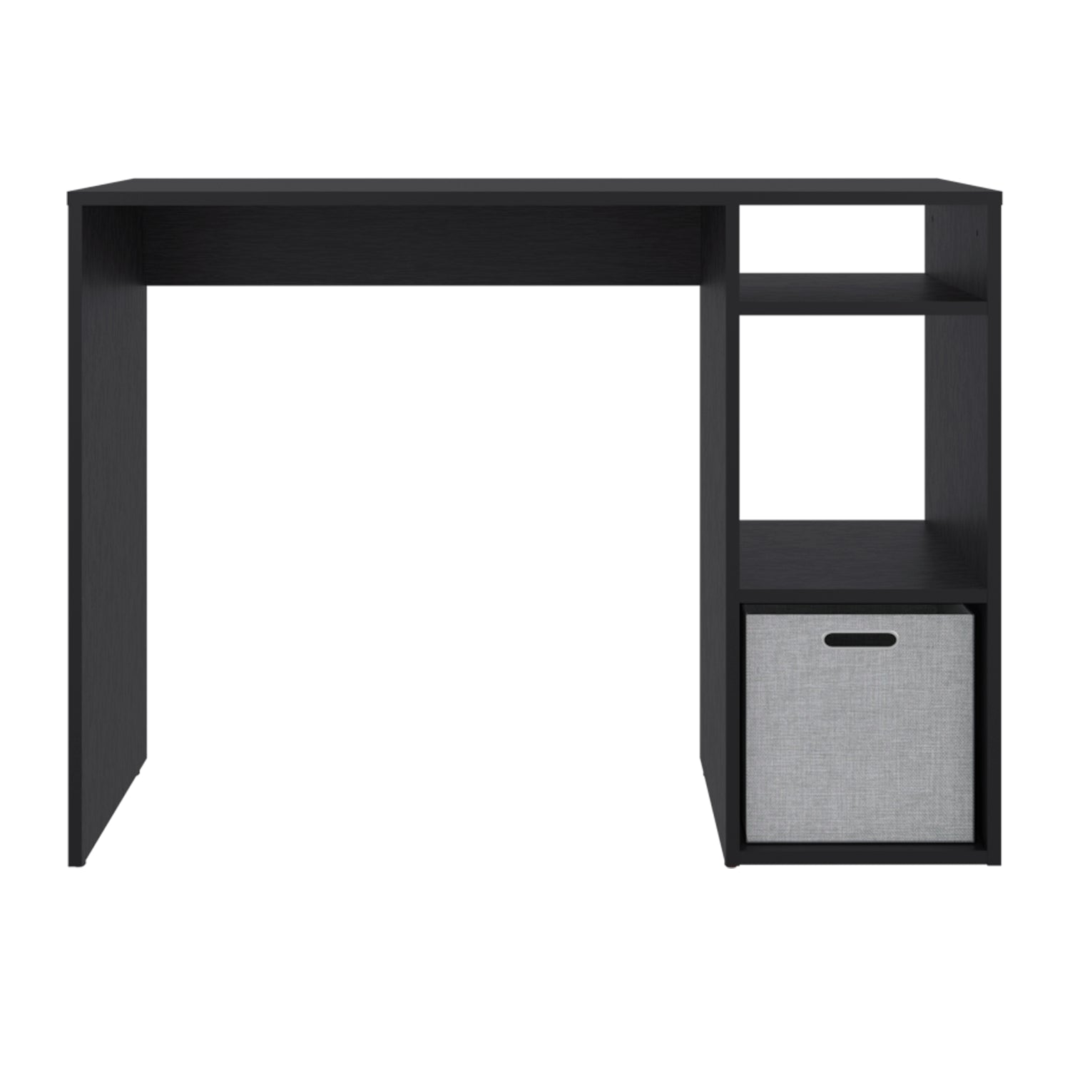 escritorio negro lateral, moderno con estantes y cajón