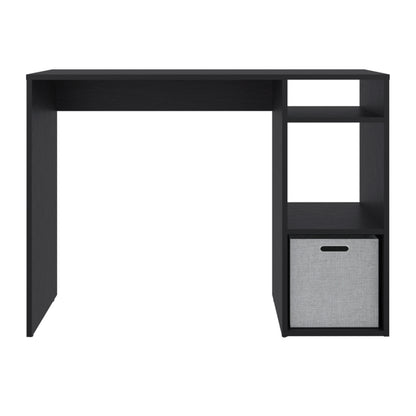 escritorio negro lateral, moderno con estantes y cajón