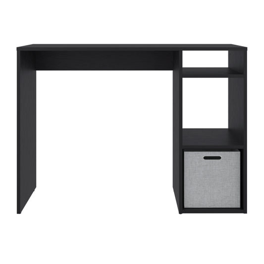 escritorio negro lateral, moderno con estantes y cajón