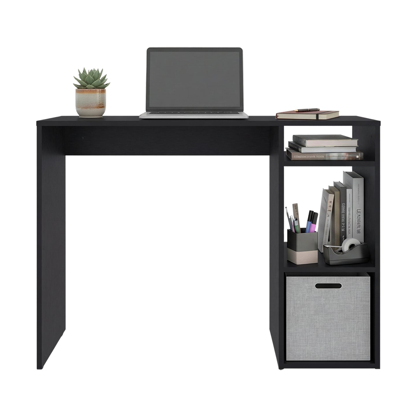 escritorio negro con estantes, ideal para oficina en casa