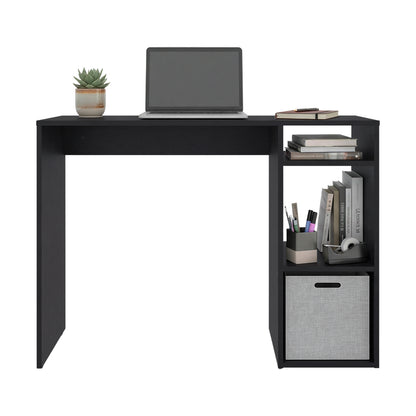 escritorio negro con estantes, ideal para oficina en casa