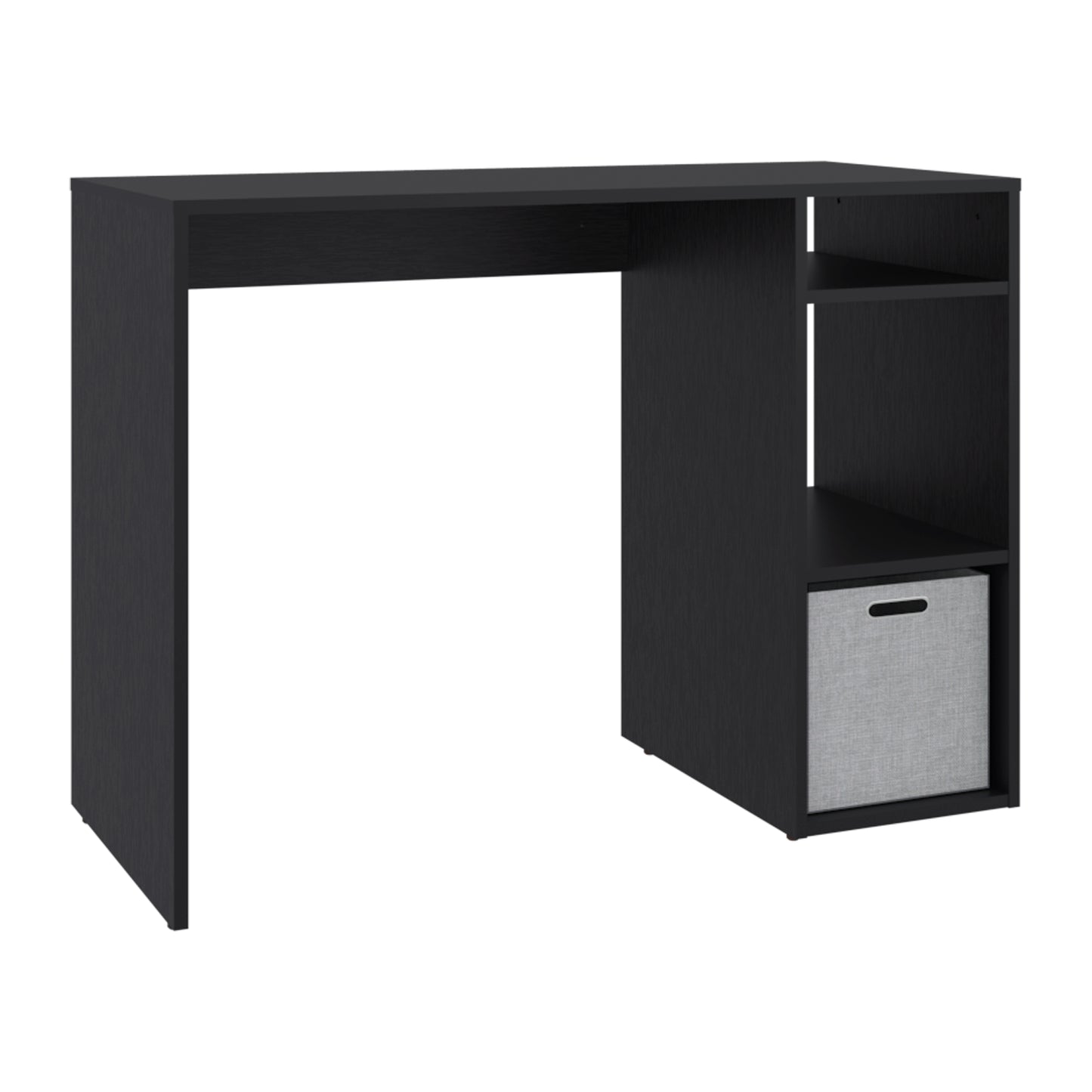 escritorio negro con estantes, vista lateral, ideal para oficina