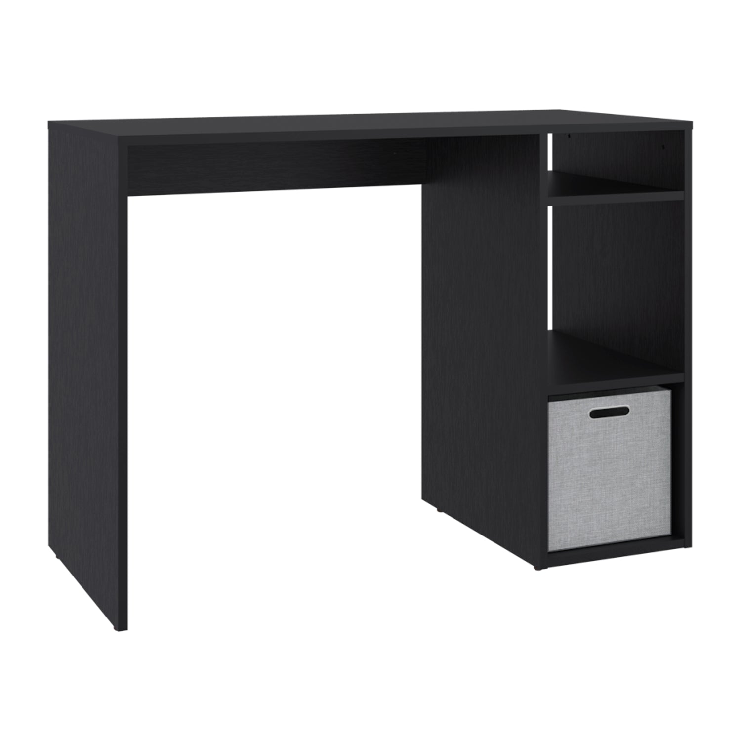 escritorio negro con estantes, vista lateral, ideal para oficina