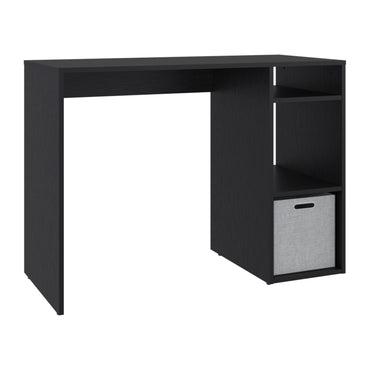 escritorio negro con estantes, vista lateral, ideal para oficina