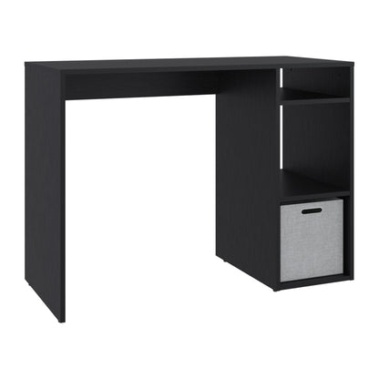 escritorio negro con estantes, vista lateral, ideal para oficina