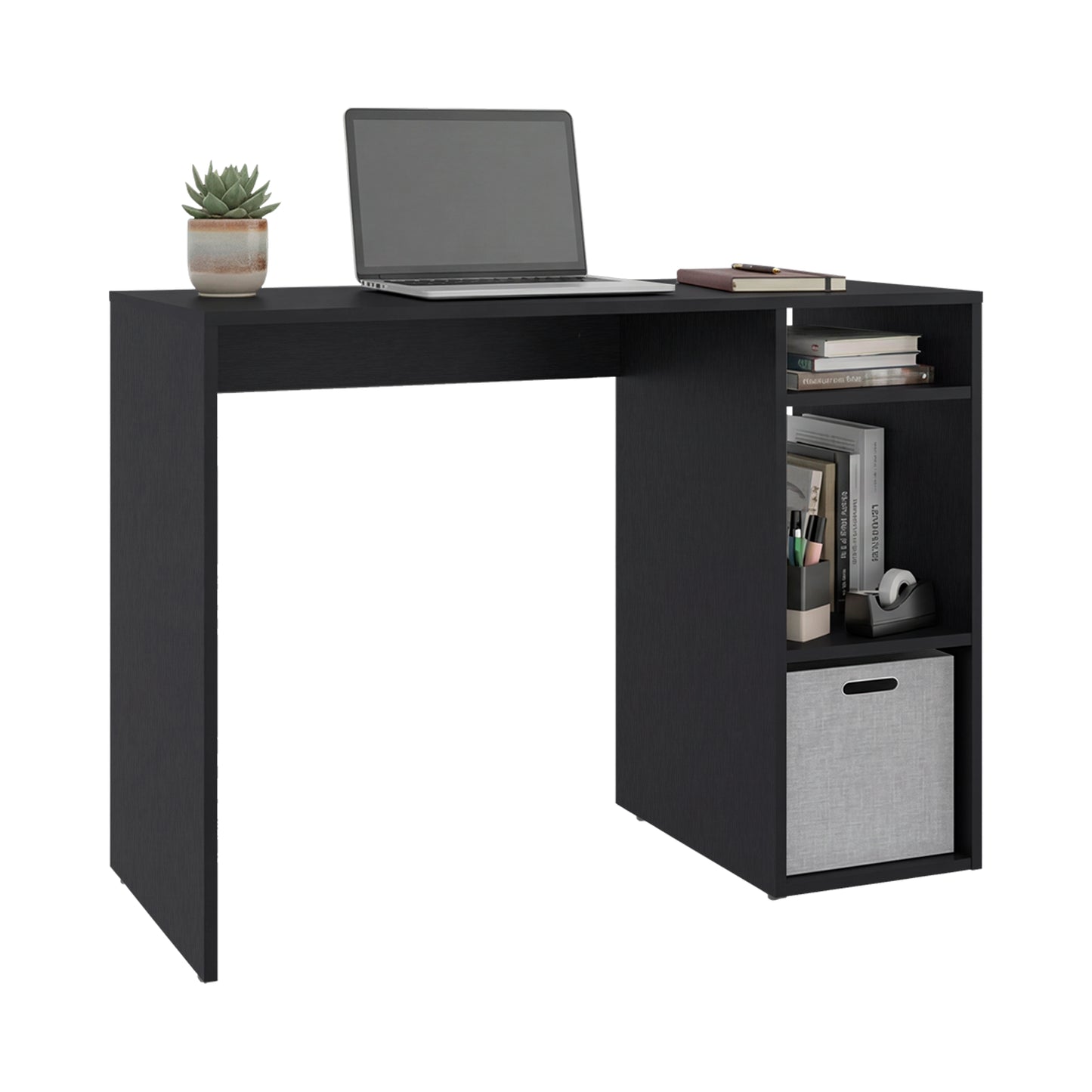 Escritorio negro con estantes y laptop, ideal para oficina en casa