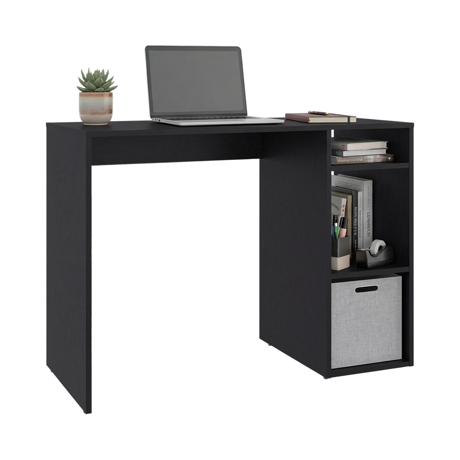 Escritorio negro con estantes y laptop, ideal para oficina en casa