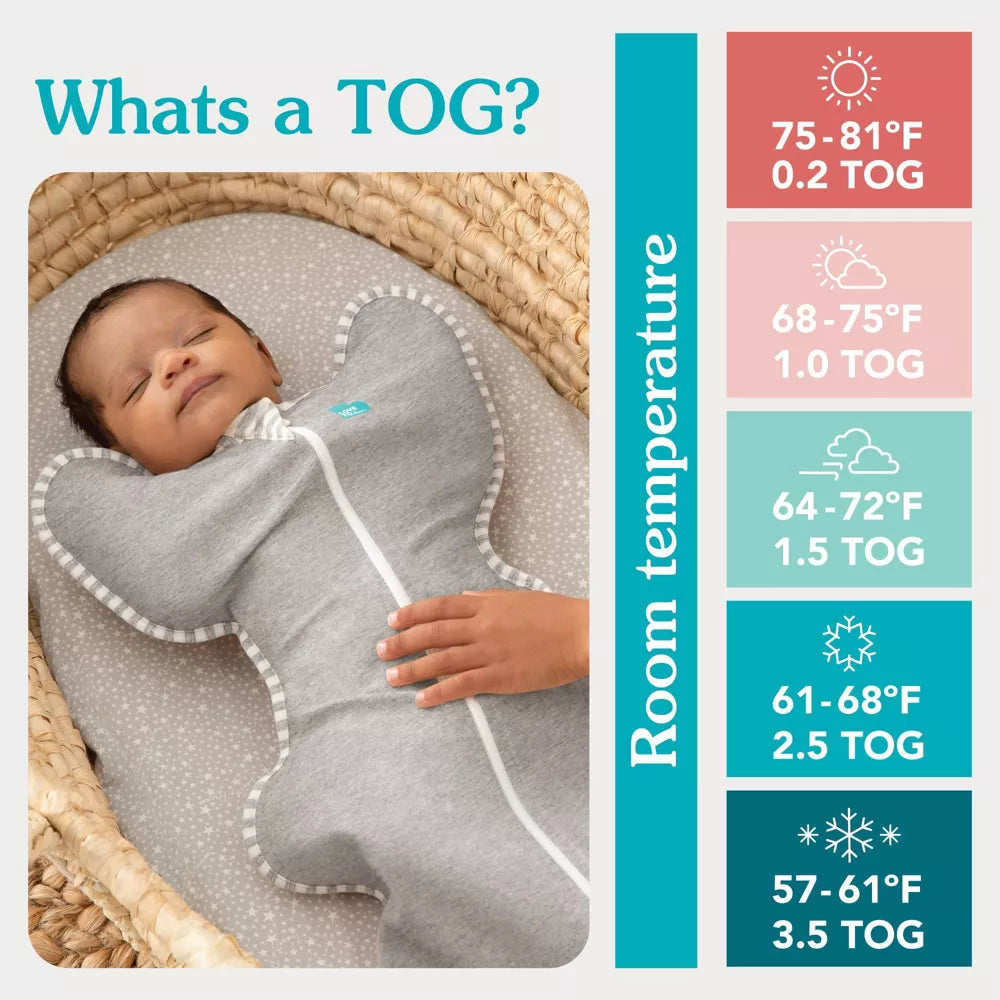 Swaddle gris LOVE TO DREAM en cuna, temperatura cómoda para el bebé