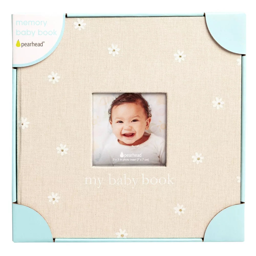 Libro de recuerdos de bebé Pearhead, beige con flores, vista frontal.