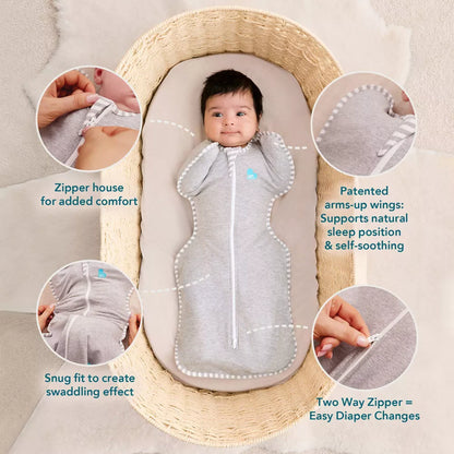 Saco de dormir gris Swaddle LOVE TO DREAM con cierre y brazos hacia arriba